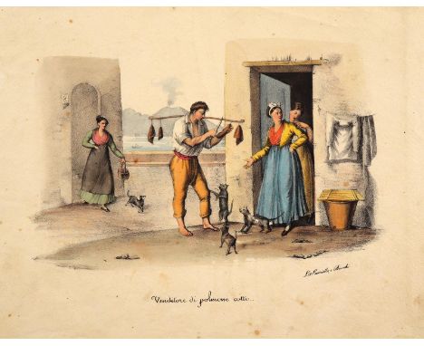 Berufsdarstellung.: Venditore di polmone cotto (per i gatti). Aus: Nuova raccolta di scene popolari e costumi di Napoli dei s