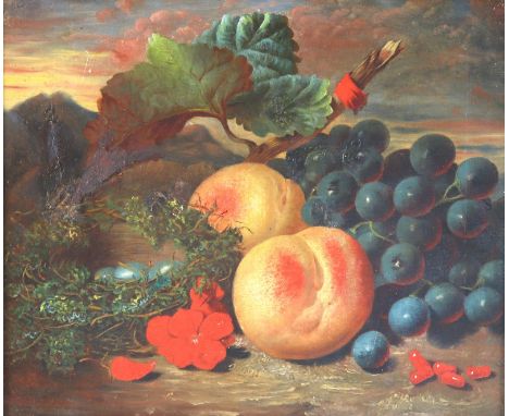 Stillleben.: Herbstliches Stillleben in Landschaft. Gemälde um 1890/1900. 26 x 30 cm. Neben einem Nest mit Eiern liegen rote 