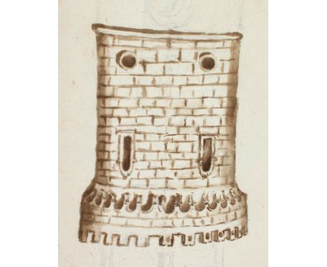 Ornamente.: 4 Bl. mit Krone, Kerzenleuchter, Eckverzierung eins Schreins, Turm. 2 Sepia-, 1 Sepiazeichnung über Bleistift u. 