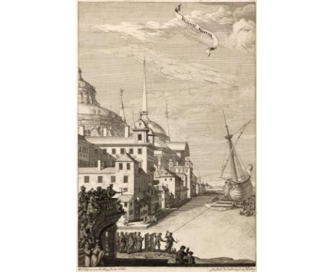 Ingenio Regitur.: Hafenansicht Vorbereitung Stappellauf o. Einholen quer. Kupferst. v.  Sandrart, Jacob, de. (1630 Frankfurt 