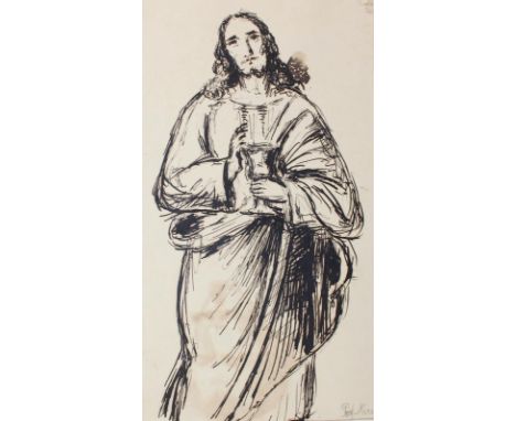 Jesus: mit Kelch. Tuschfederzeichnung 19. Jh. Ca. 30 x 16 cm. Verso mit weiterer Tuschskizze. Unter Passep. mont. Hs. Eduard 