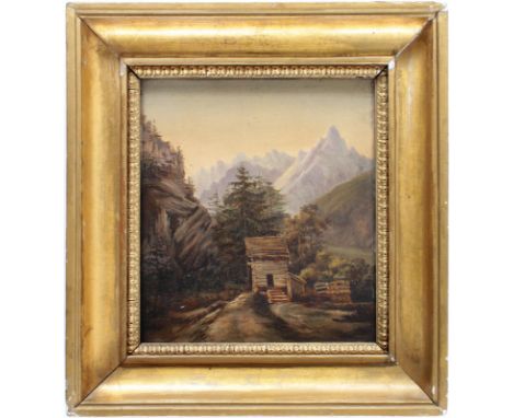 Anonymer Landschaftsmaler: (19./20. Jh.). Gebirgslandschaft mit Blockhütte. Öl auf Lwd., 19. Jhdt. 26 x 21,5 cm. Gerahmt.   R
