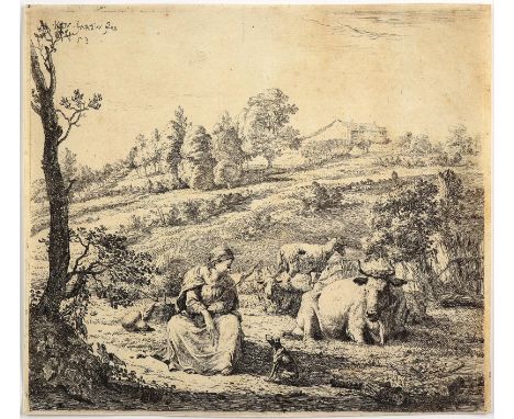 Dujardin, Karel: (1622 Amsterdam - 1678 Venedig). Eine Hirtin spricht zu ihrem Hund. Radierung. 1653. Blgr. 19,5 x 22 cm. - M