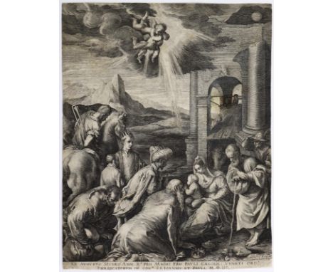 Sadeler, Raphael I: (1560 Antwerpen - 1632 München). Die Anbetung der Heilgen Drei Könige. Kupferstich n. Jacobo Bassano. 159