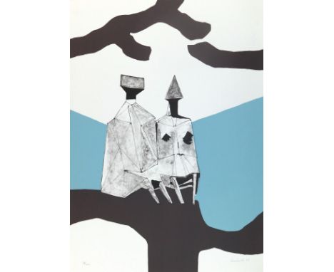 Chadwick, Lynn: (1914 London - Stroud Goucestershire 2003). Sitting couple. Farbserigraphie 1971. Ca. 78 x 56 cm. Unten recht