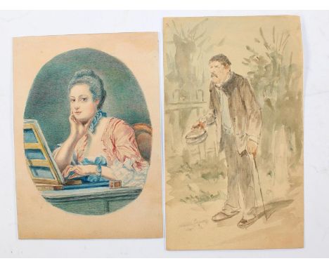 Konvolut.: 5 Portraitdarstellungen und Personendarstellungen. Aquarell, Bleistift, Kreide. 16,2 x 11,7 - 24,5 x 17,8 cm.   R