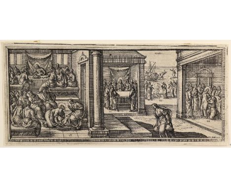 Borcht, Peter van der: (1545 Malines - 1608 Antwerpen). Die Fußwaschung. Radierung. 10,3 x 22,9 cm. Knapp auf Plattenrand bes