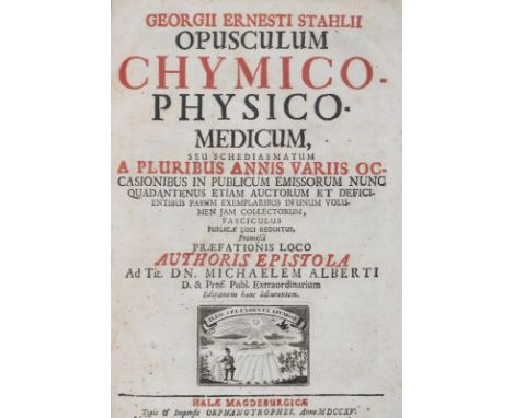 Stahl,G.E.: Opusculum chymico-physico-medicum. Halle, Waisenhaus 1715. 4°. Mit gest. Titelvign. 3 Bl., 856 (recte: 852) S., 2