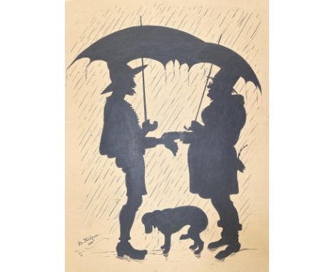Kühner, S.I.: (19./20.Jh). Zwei Männer unter ihren Schirmen unterhalten sich bei strömendem Regen, ein betröppelter Hund steh