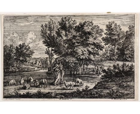 Boudewijns, Adriaen Frans: (1644 - Brüssel - 1711). Zwei sich unterhaltende Damen in einer Landschaft mit Schafherde werden b