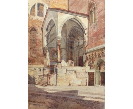 Verona.: Blick auf das nordseitige Doppelportal von San Fermo Maggiore. Aquarell des Weinheimer Architekten ╔Otto Hasslinger╗