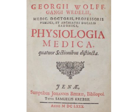 Wedel,G.W.: Sammelband mit 5 Schriften. Jena, Bielk 1680-96. 4°. Prgt. d. Zt. mit hs. Rtitel.  ╔Enthält:╗ Physiologia medica,