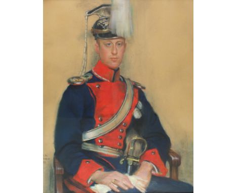 Bildnis: Graf von Brühl. Kniestück in der Uniform des westfälischen Ulanen-Regiments Nr. 5, auf einem Stuhl sitzend, halb nac