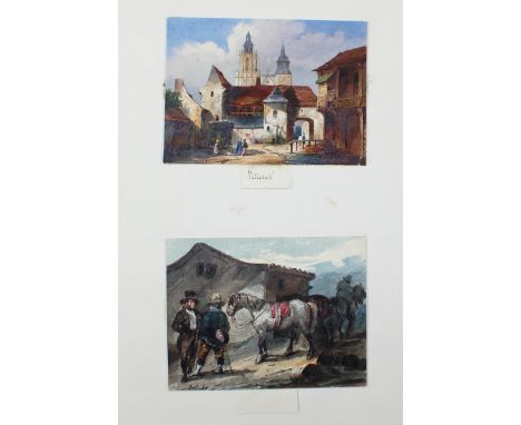 Villeret, Francois Etienne: (1799 Paris - Sens 1852) zugeschrieben. Stadtansicht mit gotischer Kirche im Hintergrund. Aquarel