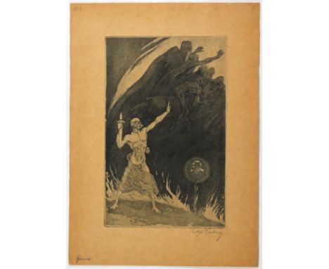 Liebing, Alfred: (1864 Leipzig 1957). Genie. Aquatintaradierung. Blgr. 33,4 x 24,5 cm. Plgr. 24,5 x 15,7 cm. I.d.Pl. sign. u.