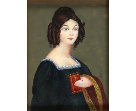 Zwei: Frauenportraits. Gouachen. Ende 19./Mitte 20. Jh. Je 11,5 x 8,5 cm. Im goldenen Rahmen mit Velours-Applikation.  U.a. "