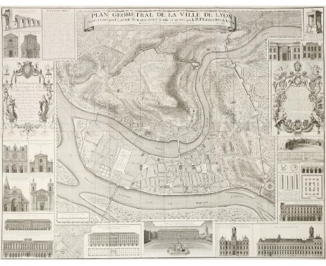 Lyon.: "Plan Géométral de la Ville de Lyon". Stadtplan, seitl. u. unten umgeben von Gebäudeansichten sowie 2 großen fig. Kart