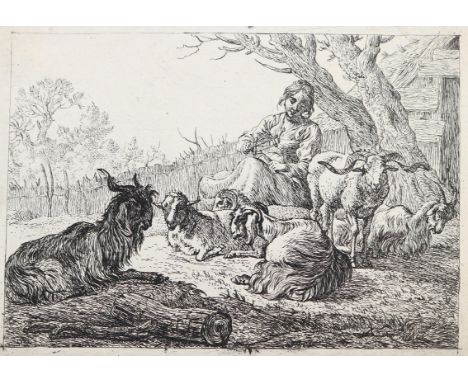 Laer, Pieter de: (1592 Haarlem 1642). Drei Schweine und zwei Esel mit sitzender Spinnerin. Aus: Verschiedenen Tiere (8 Bl.). 