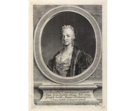 Carriera, Rosalba.: Bildnis der Malerin im Oval. Kupferstich v. Joseph Wagner. 18. Jhdt. Blgr. 38,2 x 26,8 cm. Plgr. 32,5 x 2
