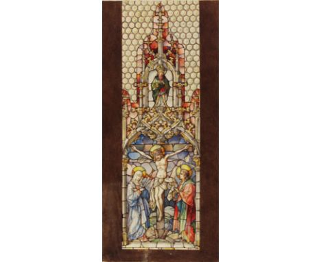 Kirchenfenster.: Gekreuzigter Jesus mit 2 Heiligen, einer Frau mit Schwert u. einem Mann mit Buch. Entwurf für ein prächtiges