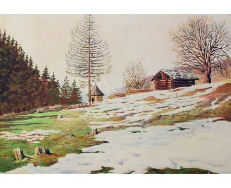 Pech,L.: (deutsch 1.H.20.Jhdt.). Teilverschneite Berglandschaft. Im Vordergrund Hang mit Schutzhütte, im Hintergrund verschne
