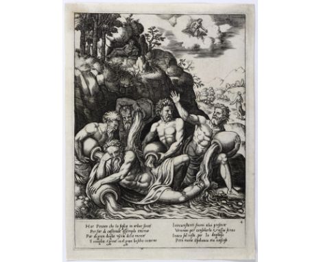 Meister B mit dem Würfel: (1530-1560 in Rom tätig). Die Flussgötter trösten Peneus wegen des Verlusts Daphnes. Kupferstich. 1