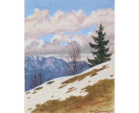 Bornemann, Ulrich: (deutsch, 1.H.20.Jhdt.). Schneeschmelze. Blick von teilverschneitem Hang auf Bergkulisse im Hintergrund. A