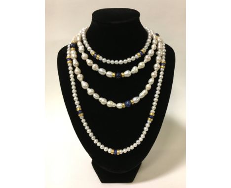 TWO LAPIS LAZULI 14K GILT SILVER & PEARL NECKLACES
