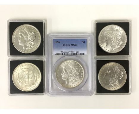 FIVE MORGAN SILVER DOLLARS DATED 1883-1884-1886-1898-1921