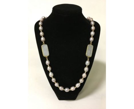 14K GILT SILVER DRUZY & PEARL NECKLACE