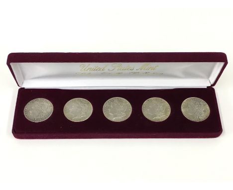 BOX OF FIVE MORGAN SILVER DOLLARS 1883 TO 1887