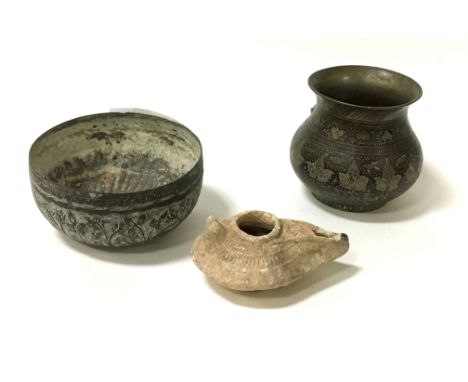 3 ANTIQUE PERSIAN ITEMS - VASE, BOWL & OIL LAMP
