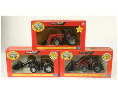 Britains Tractor group (1) 09450 Massey Ferguson 6140 With Bucket Attachment - Dark red(2) 40512 Massey Ferguson 6270  With L