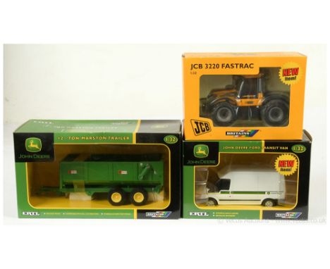 Britains group (1) 4069 John Deere 12-Ton Marston Trailer - Green (2) 40882 John Deere Ford Transit Van - White (3) 42019 JCB
