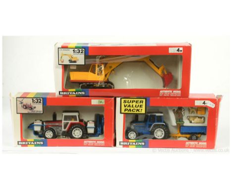 Britains group (1) 9602 JCB Excavator - Yellow, red, silver tracks (2) 9615 Massey Ferguson Tractor and Crop Spray - Red, whi