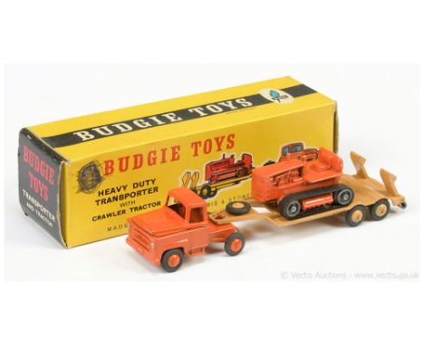 Budgie Toys 234 Heavy Duty Transporter with Crawler Tractor - orange cab, beige trailer with orange Caterpillar Crawler, meta