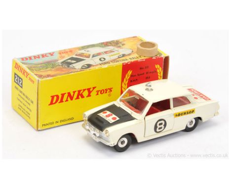 Dinky 212 Ford Cortina Rally Car - off white body, black bonnet, red interior, chrome roof light and spun hubs with treaded t