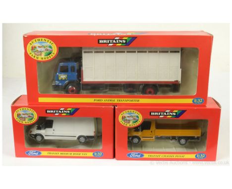 Britains group (1) 9580 Ford Animal Transporter - Blue cab, red base, white container (2) 00234B Ford Transit Chassis Float -
