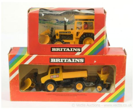 Britains boxed pair (1) 9690 Volvo Tractor &amp; Snow Plough- Yellow including hubs, driver figure (2) 9595 Unimog Snow Ploug