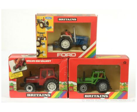 Britains Tractor group (1) 9516 Ford 6600 Tractor &amp; Yard Scraper - Blue, white, with driver figure (2) 9515 Volvo BM Valm