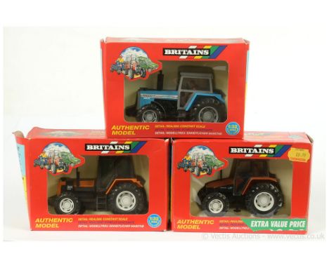 Britains group (1) 9489 Fiatagri L85 Tractor - Brown, black (2) Landini 10,000S Tractor - Blue, grey (3) 9497 Renault TZ16 Tr