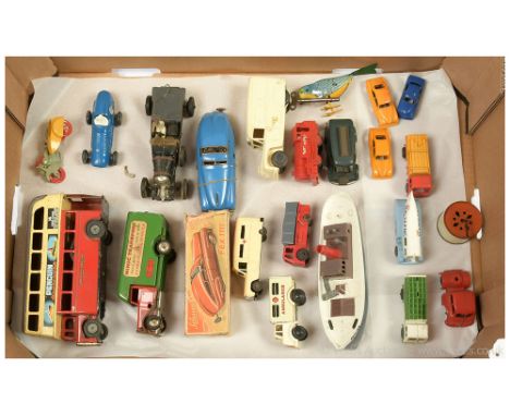 A unboxed tin plate and plastic group to include Schuco Fex 1111 clockwork - blue (Poor box), Tri-Ang Minic transport truck -