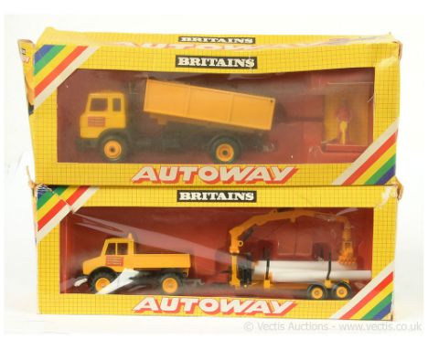Britains Autoway pair (1) 9883 2-piece set to include Mercedes Unimog yellow, black driver Figure with pipe trailer and grab 