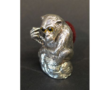 A 925 Sterling Silver Miniature Pin Cushion, in the form of a monkey sitting on a rock