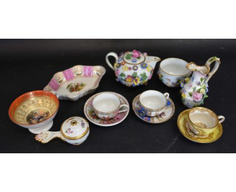 An Early 20th Century Small Meissen Porcelain Foliate Encrusted Teapot, together with a matching sugar bowl and various items