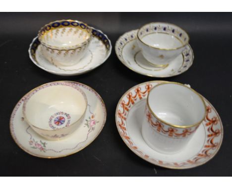 An 18th Century English Porcelain Tea Bowl with Saucer, together with three other similar tea bowls and saucers