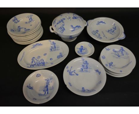 A Child's Dinner Service, comprising of plates, bowls, tureens and platters, all decorated with children playing upon a white