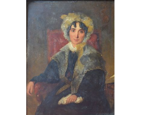 19th Century English SchoolHALF LENGTH PORTRAIT OF SARAH KNIGHTOil on board, 45 x 35 cms