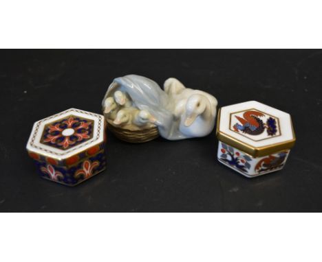 A Royal Crown Derby Hexagonal Pin Box and Cover, decorated in the Imari palette, together with another similar with a Lladro 