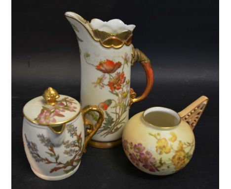 A Royal Worcester Blush Ivory Jug, with foliate decoration highlighted in gilt, number 1229 together with two other similar W